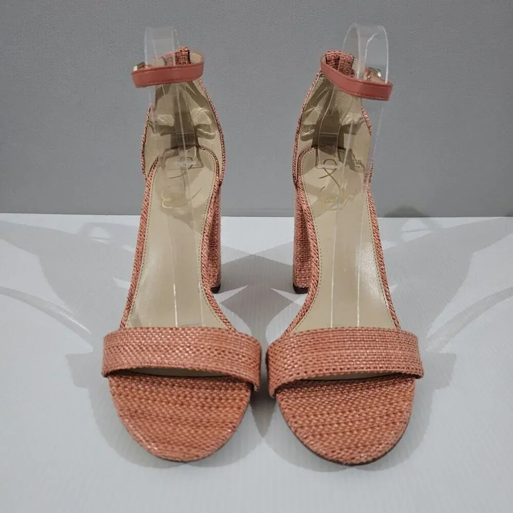 Sam Edelman Yaro Block Heel Sandal Womens 10.5 Pink Coral Woven Ankle Strap